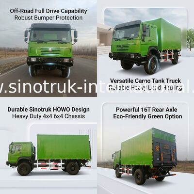 SINOTRUK 4X4 좌측 운전 방식의 대형 트럭, 5000*2300*2300 mm 화물 탱크, 16톤 후방 차축 용량으로 중량물 운송에 적합