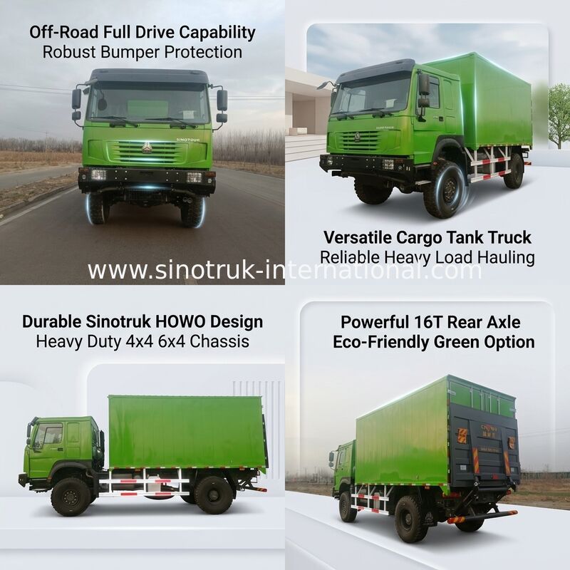 SINOTRUK 4X4 좌측 운전 방식의 대형 트럭, 5000*2300*2300 mm 화물 탱크, 16톤 후방 차축 용량으로 중량물 운송에 적합