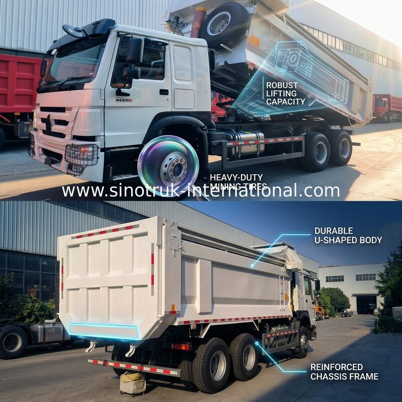 시노트룩 호우 템퍼 덤프 트럭 400HP 6 × 4 U 모양 트레이 자동 텐플린